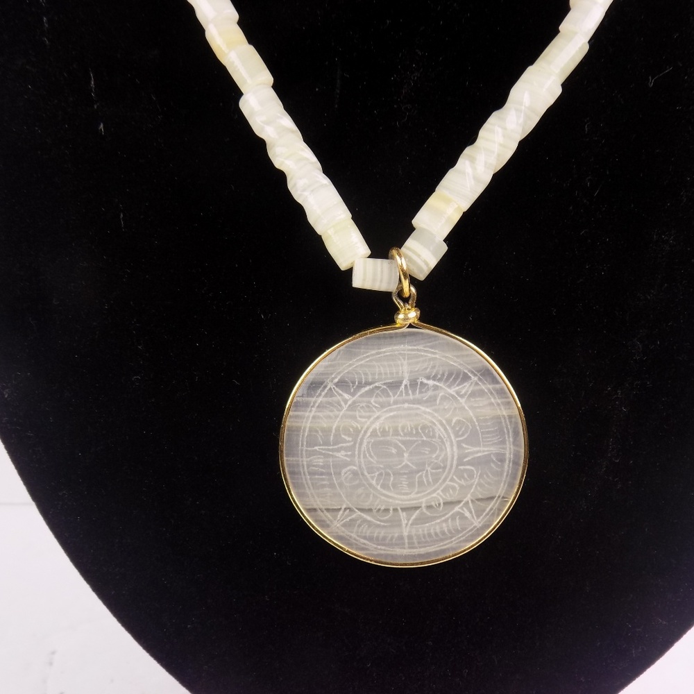 Mayan Aztec Caramel Onyx Travertine Stone Necklace - Picture 2 of 5